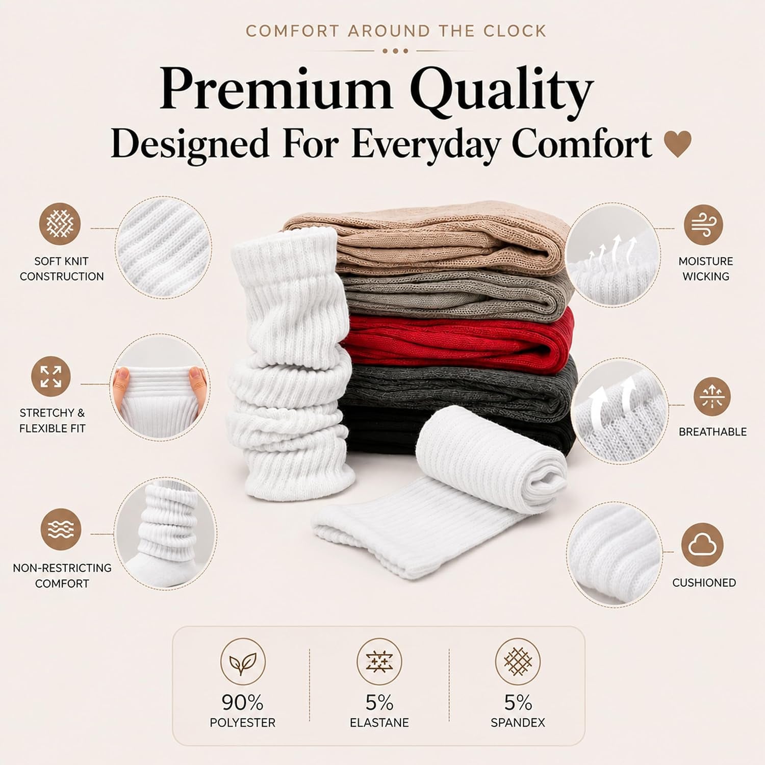 Womens Slouch Scrunch Boot Socks, 6-Pairs Retro Cushioned Knee High Soft Knit Sock Girls Casual Athletic