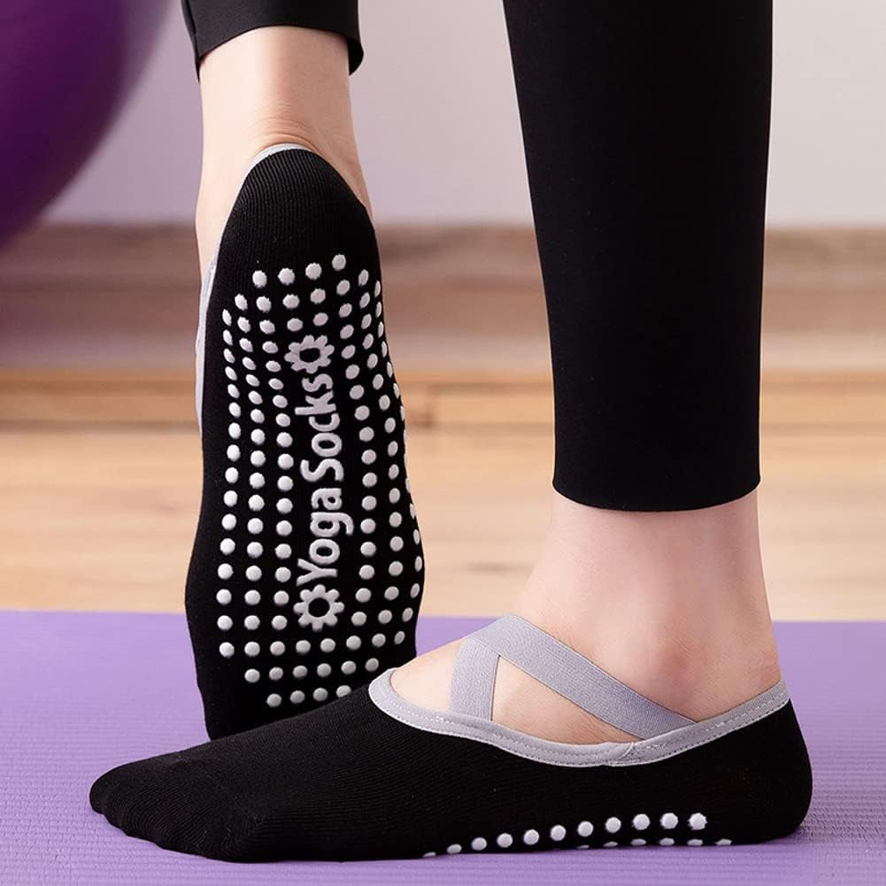 XCW Yoga Socks for Women Non-Slip Barre Socks with Straps Ballet Dance Socks for Yoga Pilates Ballet Barre Dance (4 Pairs-Black&Green&Khaki&Pink) 5-8