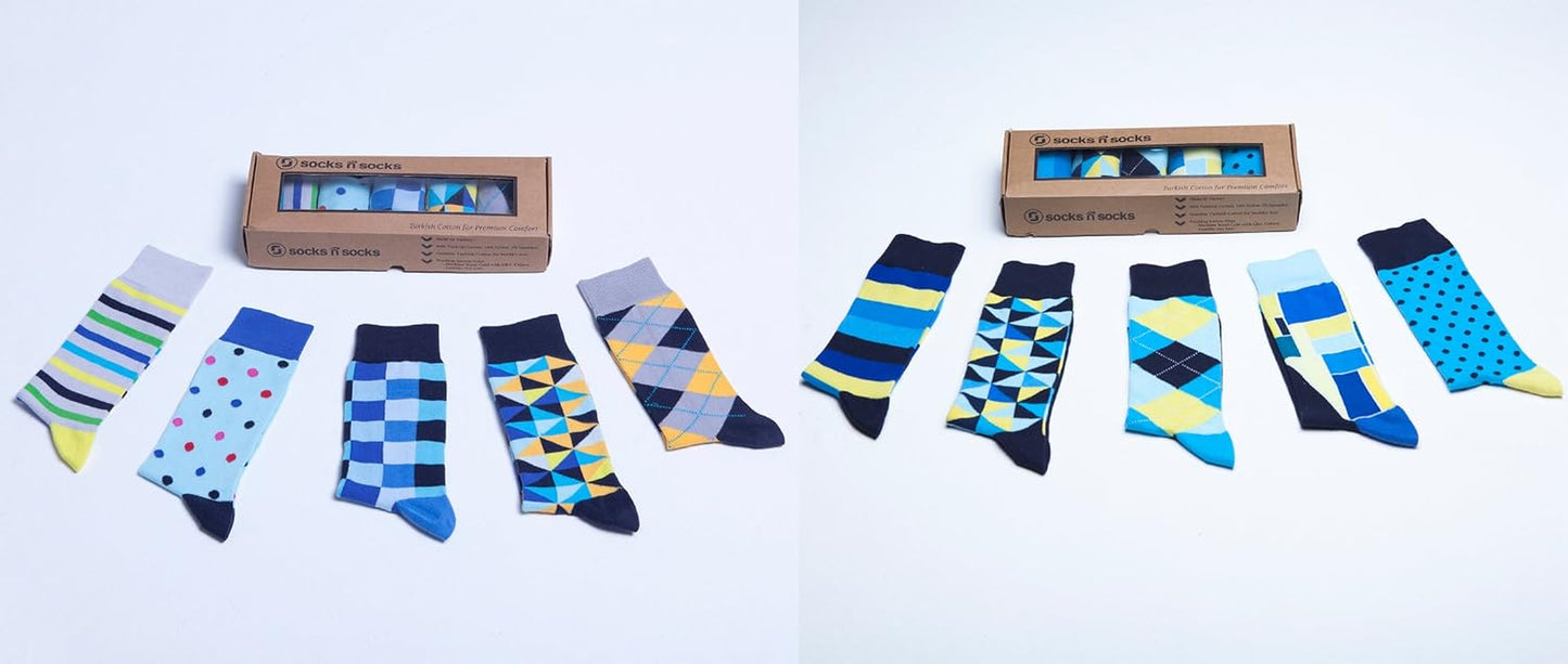-Mens 5Pair Luxury Colorful Cotton Fun Novelty Dress Socks Gift Box