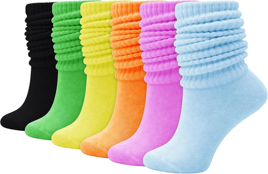 Womens Slouch Scrunch Boot Socks, 6-Pairs Retro Cushioned Knee High Soft Knit Sock Girls Casual Athletic