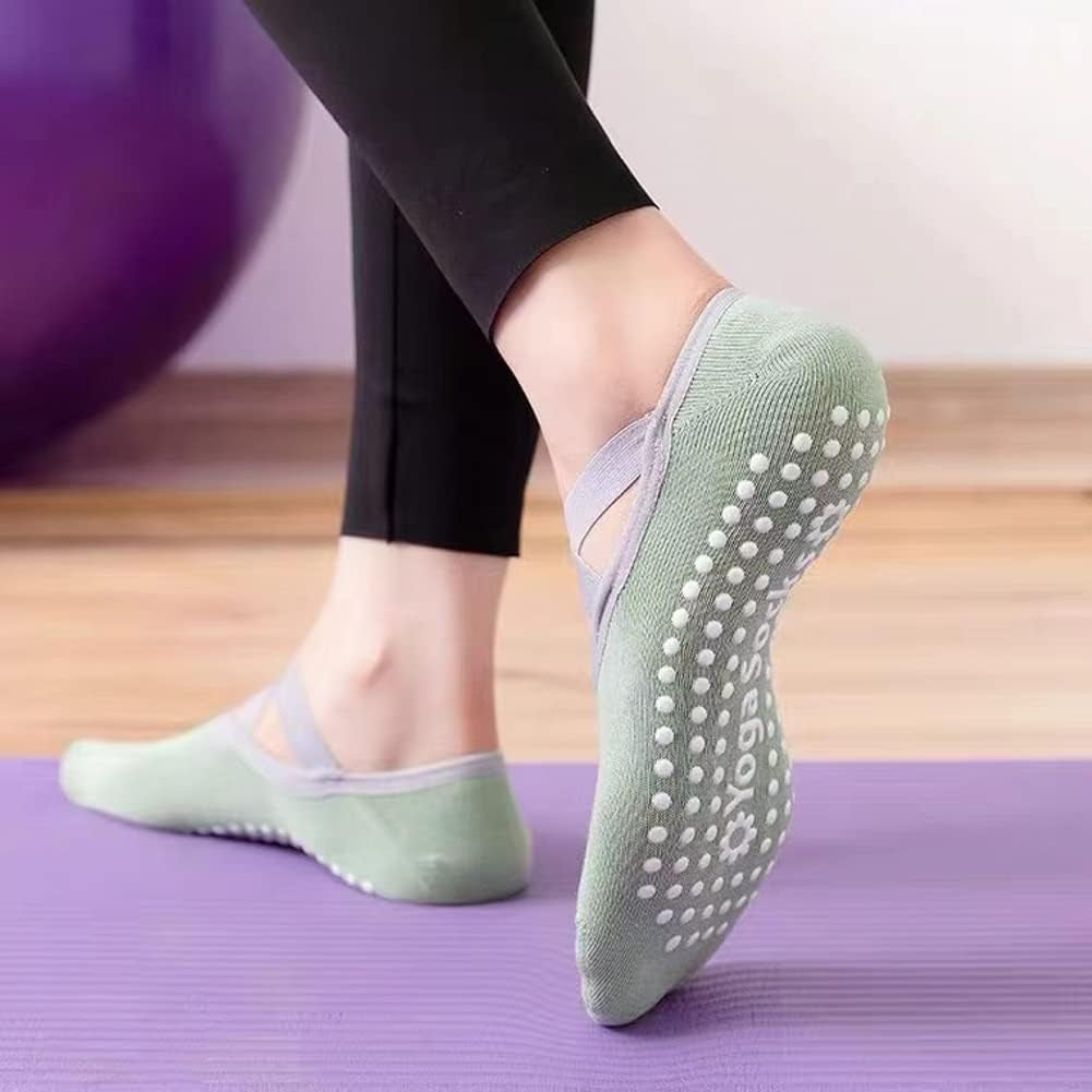 XCW Yoga Socks for Women Non-Slip Barre Socks with Straps Ballet Dance Socks for Yoga Pilates Ballet Barre Dance (4 Pairs-Black&Green&Khaki&Pink) 5-8