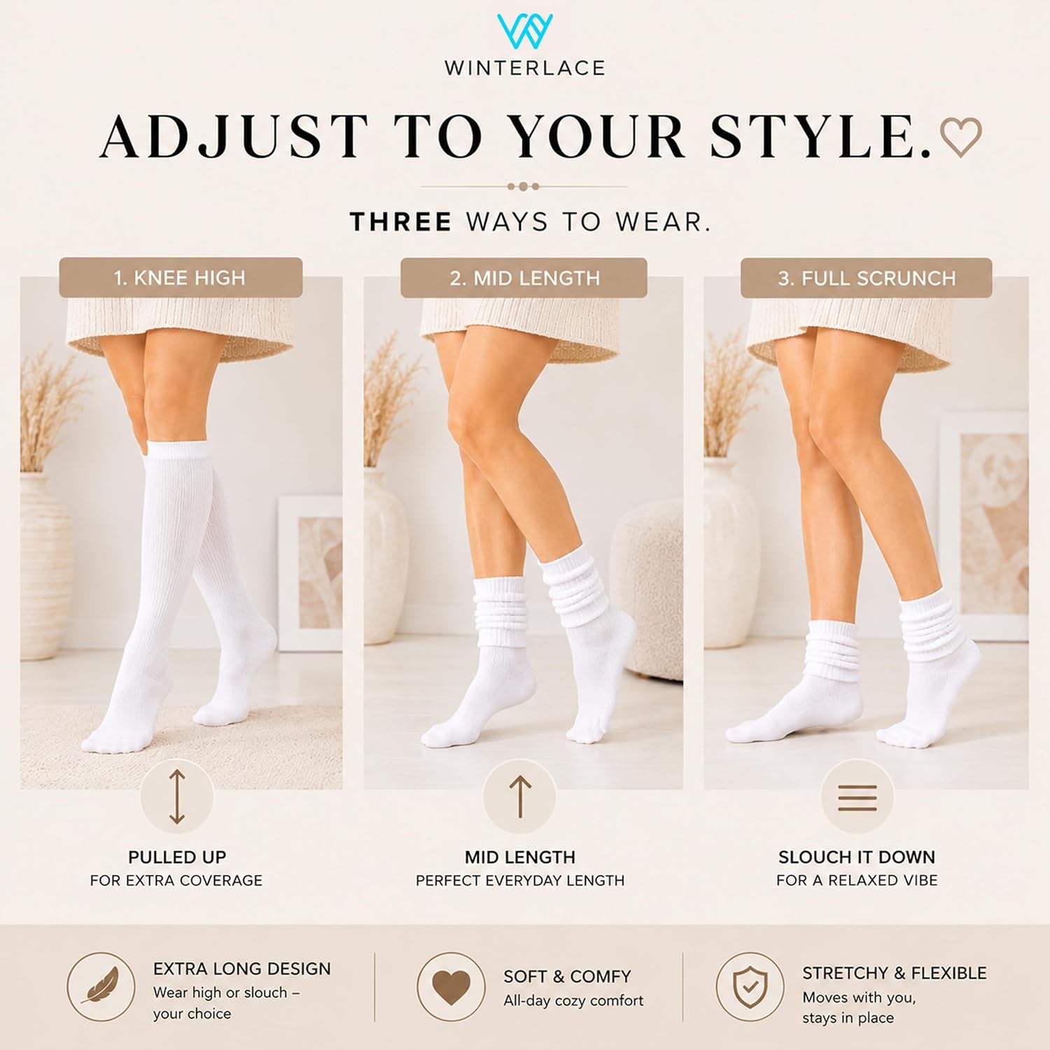 Womens Slouch Scrunch Boot Socks, 6-Pairs Retro Cushioned Knee High Soft Knit Sock Girls Casual Athletic