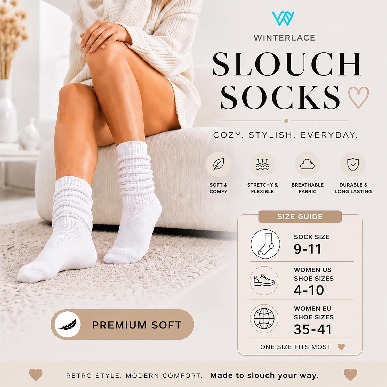 Womens Slouch Scrunch Boot Socks, 6-Pairs Retro Cushioned Knee High Soft Knit Sock Girls Casual Athletic